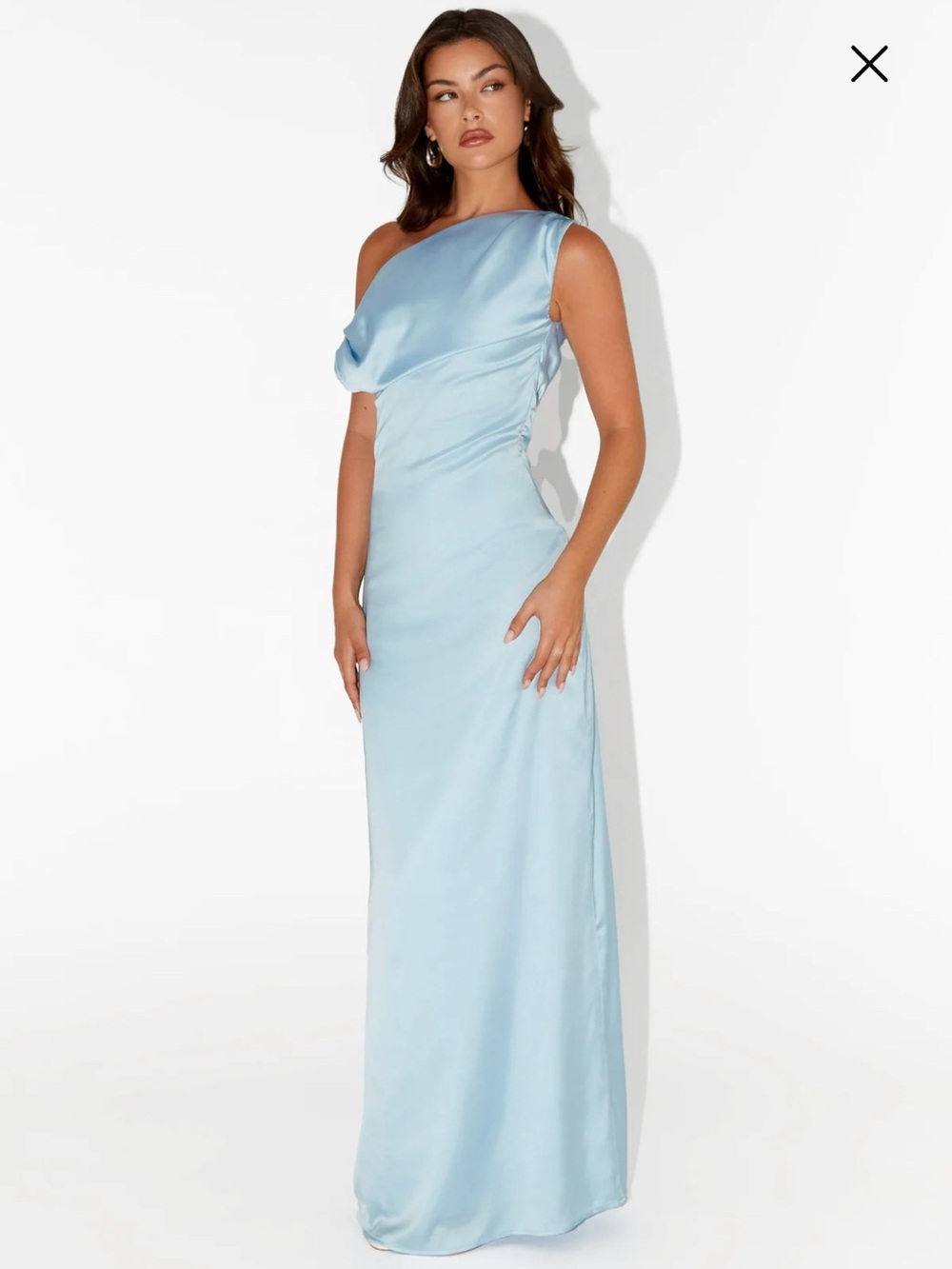 Peppermayo One-Shoulder Satin Gown in Light Blue
